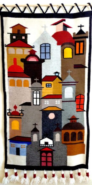 Wall Hanging with colorful buildings is a Colorful large tapestry of stylized buildings.