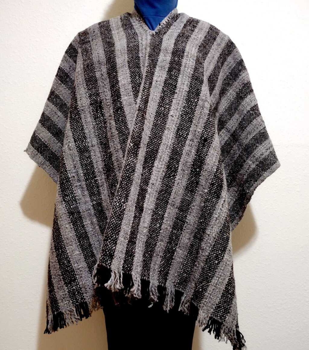 Vertically striped handmade pure wool poncho