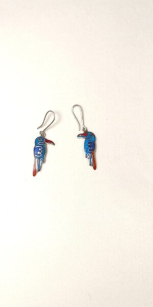 Silver bird dangle Earrings with red, turquoise and blue inlay.