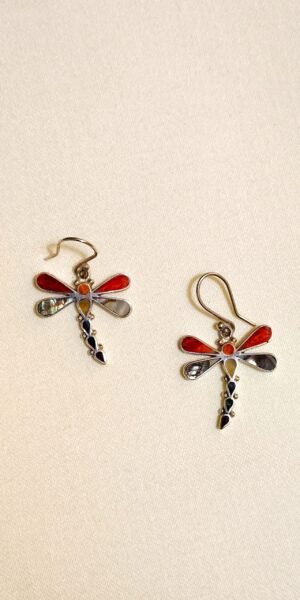 Dragonfly silver earrings with multicolored shell inlay