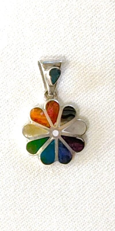Flower pendant, crafted from silver with rainbow inlay
