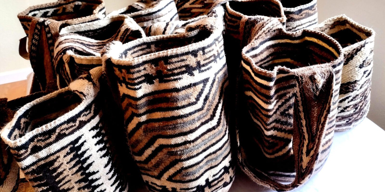 Indigenous craft handbags made by the arhuaca people in Colombia. 