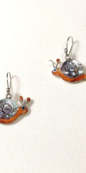 Silver snail earrings with abalone inlay and shepherd hook backing.