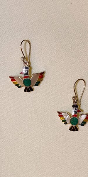 Dangle style silver earrings with shell inlay with a hanging Condor with open wings.
